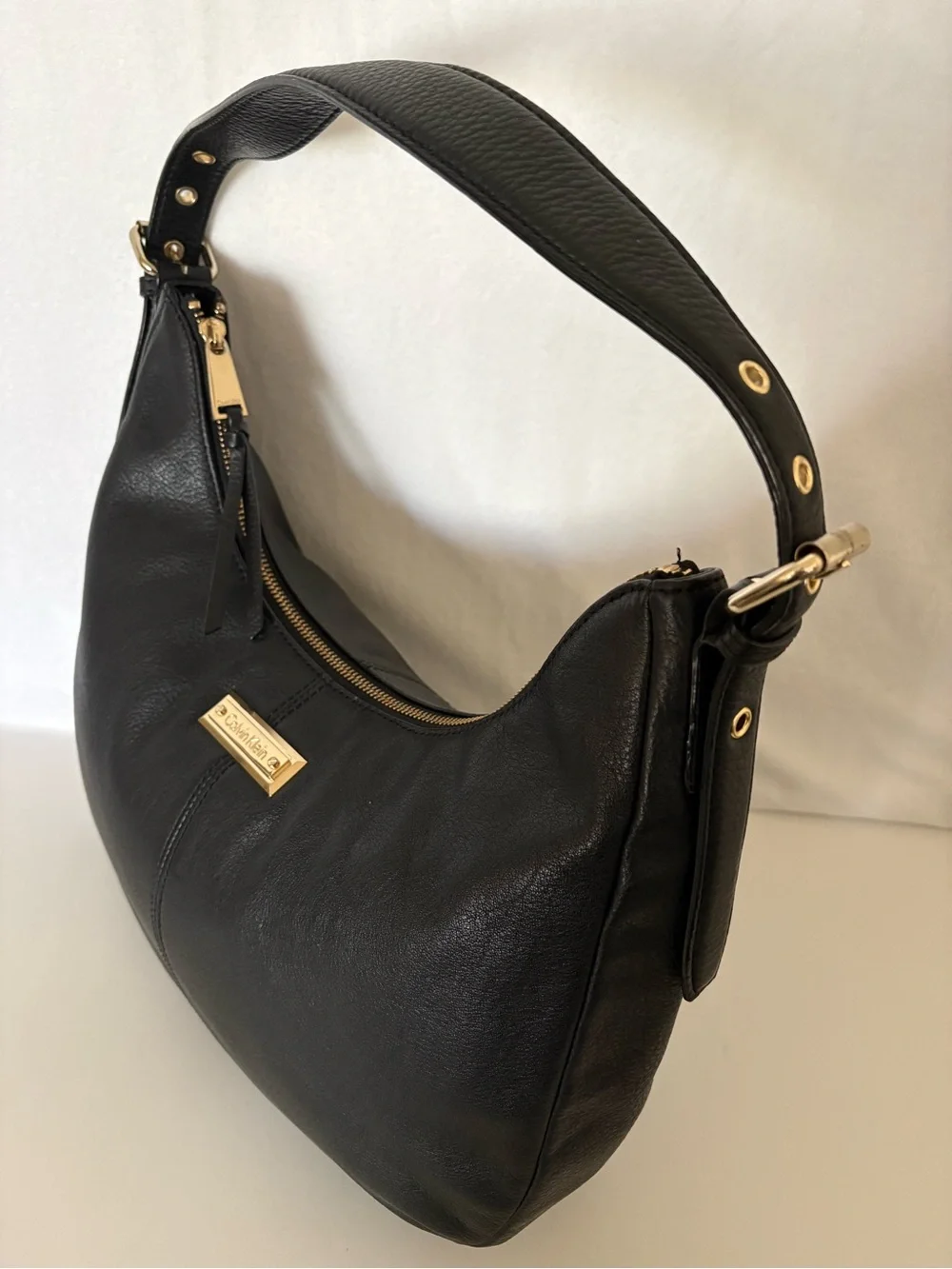 Calvin Klein Black Leather Hobo with Gold Accents